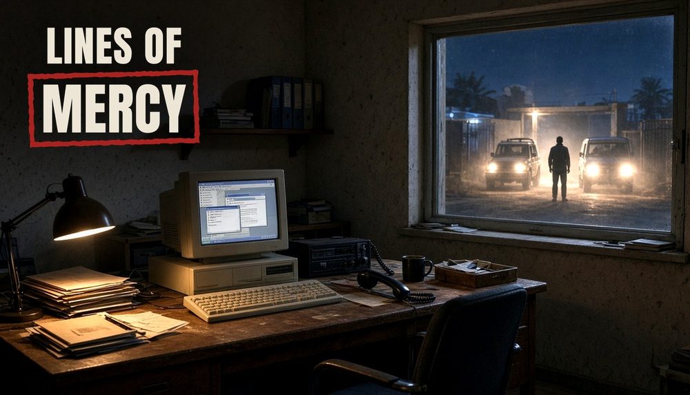Lines of Mercy key art: a warm amber desk lamp, a beige CRT monitor and a radio on a dark desk, with a night courtyard visible through the window.